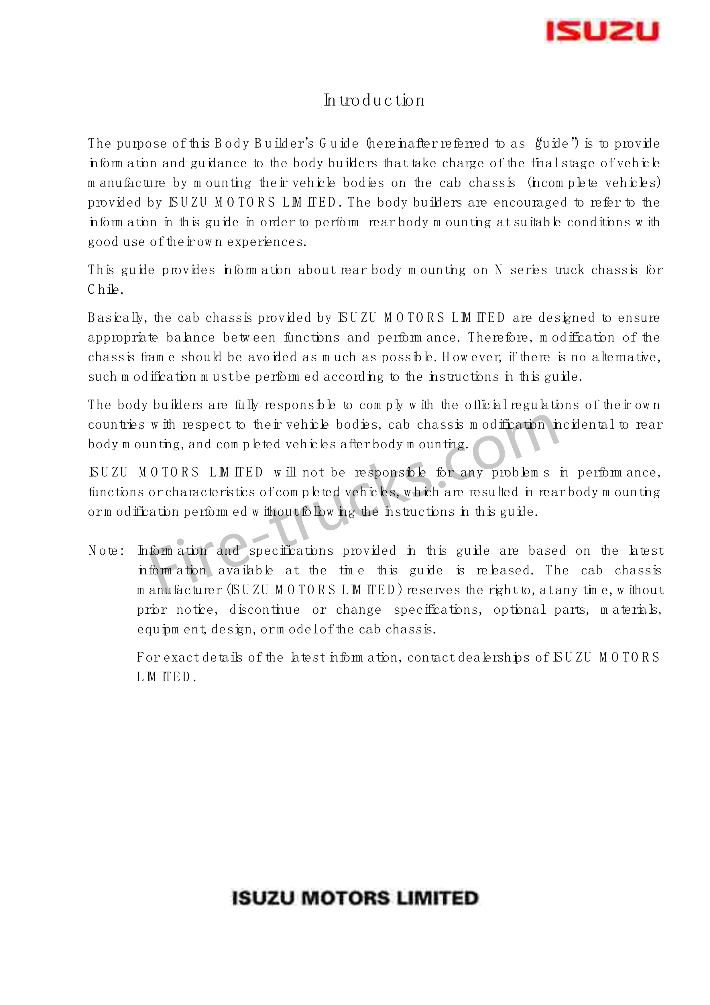 Isuzu chassis Fire Trucks body builders user manual 